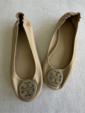 Tory Burch Minnie Travel Ballet Flats Beige Leather Crystal Pave Logo